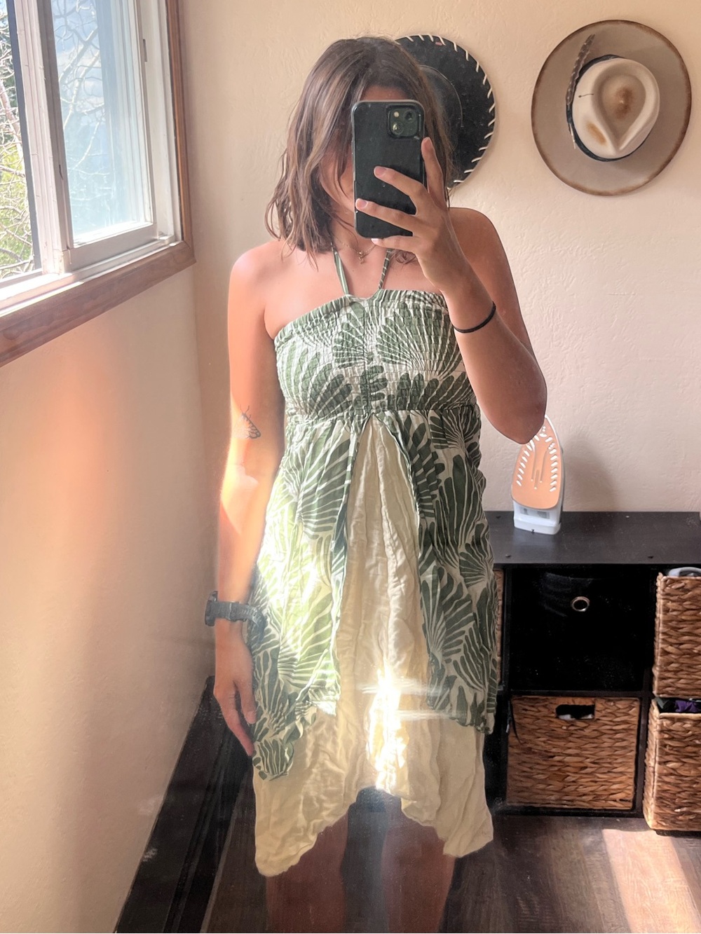 Green Leaf-Print Strapless Summer Dress